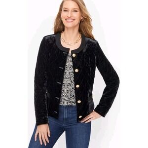 TALBOT'S Black Velvet Quilted Collarless Jacket Gold‎ Button Accents 1X Holiday